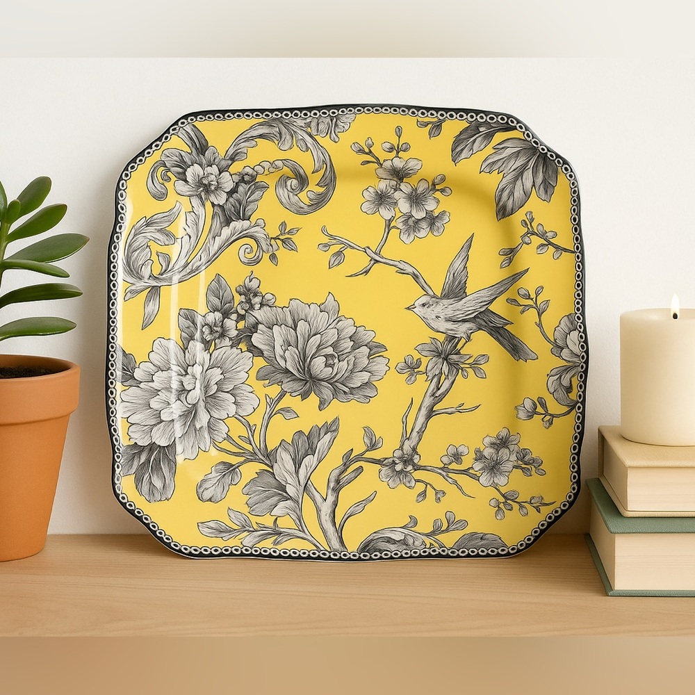222 Fifth “Adelaide Yellow” Square Salad Plate – Fine China Floral Bird Pattern